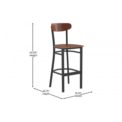 BLNK Wright Commercial Bar Stool Black Steel Frame with Wooden Boomerang Back and Solid Wood Seat - Walnut