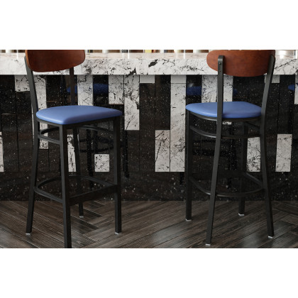 BLNK Wright Commercial Bar Stool Black Steel Frame with Walnut Finish Wooden Boomerang Back and Vinyl Seat - Blue