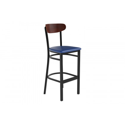 BLNK Wright Commercial Bar Stool Black Steel Frame with Walnut Finish Wooden Boomerang Back and Vinyl Seat - Blue