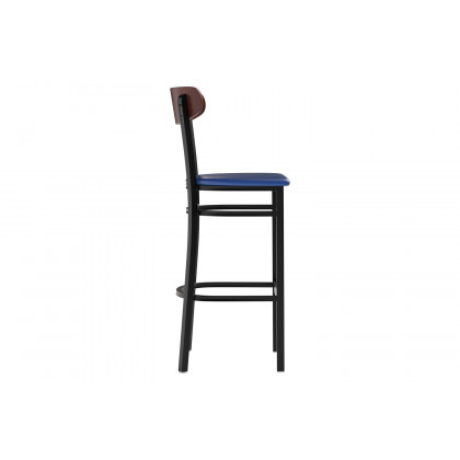 BLNK Wright Commercial Bar Stool Black Steel Frame with Walnut Finish Wooden Boomerang Back and Vinyl Seat - Blue