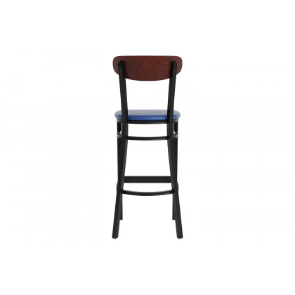 BLNK Wright Commercial Bar Stool Black Steel Frame with Walnut Finish Wooden Boomerang Back and Vinyl Seat - Blue
