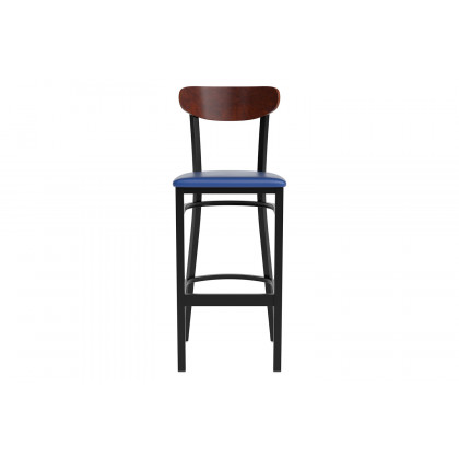 BLNK Wright Commercial Bar Stool Black Steel Frame with Walnut Finish Wooden Boomerang Back and Vinyl Seat - Blue