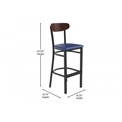 BLNK Wright Commercial Bar Stool Black Steel Frame with Walnut Finish Wooden Boomerang Back and Vinyl Seat - Blue