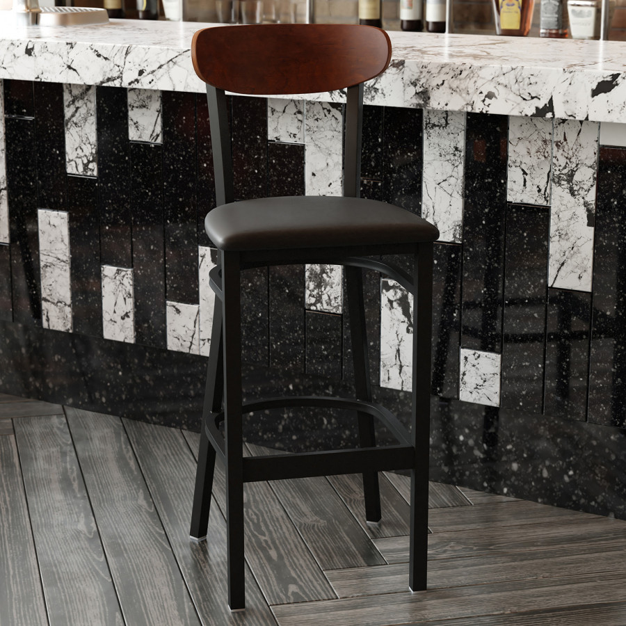BLNK Wright Commercial Bar Stool Black Steel Frame with Walnut Finish Wooden Boomerang Back and Vinyl Seat - Black