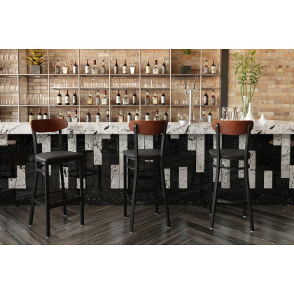 BLNK Wright Commercial Bar Stool Black Steel Frame with Walnut Finish Wooden Boomerang Back and Vinyl Seat - Black