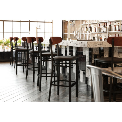 BLNK Wright Commercial Bar Stool Black Steel Frame with Walnut Finish Wooden Boomerang Back and Vinyl Seat - Black