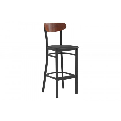 BLNK Wright Commercial Bar Stool Black Steel Frame with Walnut Finish Wooden Boomerang Back and Vinyl Seat - Black