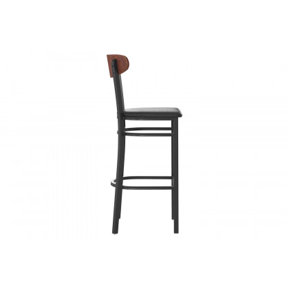 BLNK Wright Commercial Bar Stool Black Steel Frame with Walnut Finish Wooden Boomerang Back and Vinyl Seat - Black