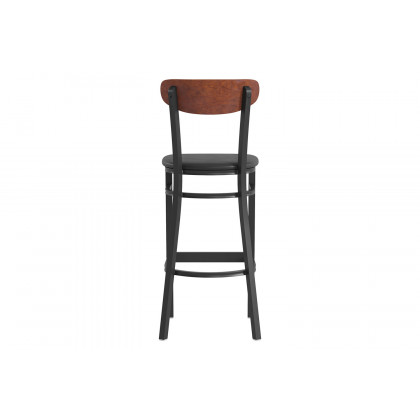 BLNK Wright Commercial Bar Stool Black Steel Frame with Walnut Finish Wooden Boomerang Back and Vinyl Seat - Black