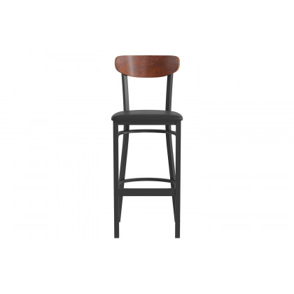 BLNK Wright Commercial Bar Stool Black Steel Frame with Walnut Finish Wooden Boomerang Back and Vinyl Seat - Black
