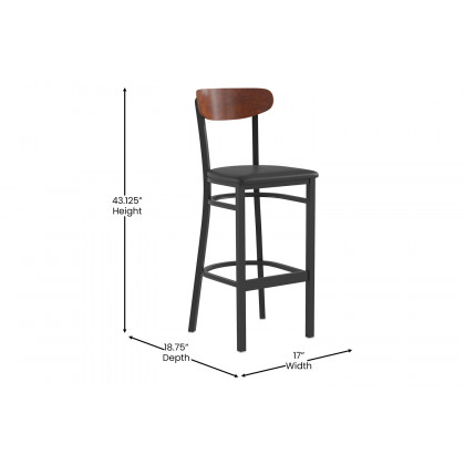 BLNK Wright Commercial Bar Stool Black Steel Frame with Walnut Finish Wooden Boomerang Back and Vinyl Seat - Black