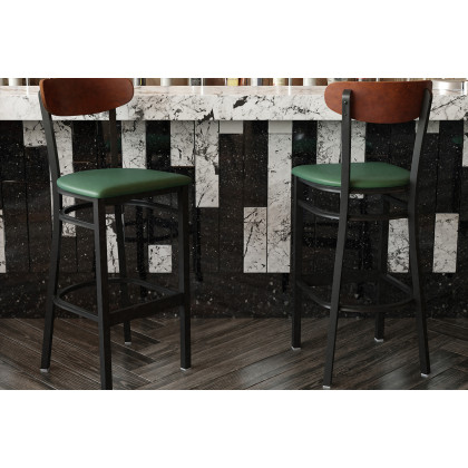 BLNK Wright Commercial Bar Stool Black Steel Frame with Walnut Finish Wooden Boomerang Back and Vinyl Seat - Green