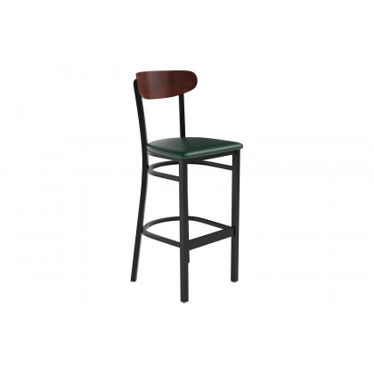 BLNK Wright Commercial Bar Stool Black Steel Frame with Walnut Finish Wooden Boomerang Back and Vinyl Seat - Green