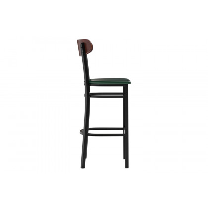 BLNK Wright Commercial Bar Stool Black Steel Frame with Walnut Finish Wooden Boomerang Back and Vinyl Seat - Green