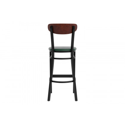 BLNK Wright Commercial Bar Stool Black Steel Frame with Walnut Finish Wooden Boomerang Back and Vinyl Seat - Green
