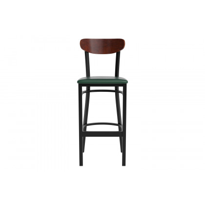 BLNK Wright Commercial Bar Stool Black Steel Frame with Walnut Finish Wooden Boomerang Back and Vinyl Seat - Green