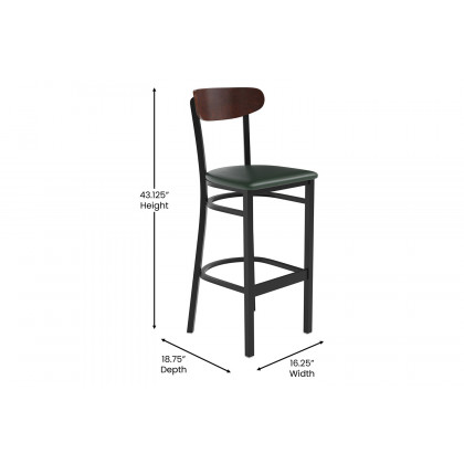 BLNK Wright Commercial Bar Stool Black Steel Frame with Walnut Finish Wooden Boomerang Back and Vinyl Seat - Green