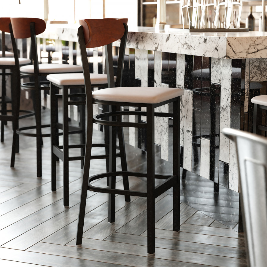 BLNK Wright Commercial Bar Stool Black Steel Frame with Walnut Finish Wooden Boomerang Back and Vinyl Seat - Gray