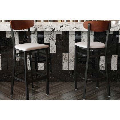 BLNK Wright Commercial Bar Stool Black Steel Frame with Walnut Finish Wooden Boomerang Back and Vinyl Seat - Gray