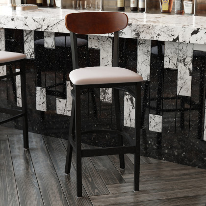 BLNK Wright Commercial Bar Stool Black Steel Frame with Walnut Finish Wooden Boomerang Back and Vinyl Seat - Gray