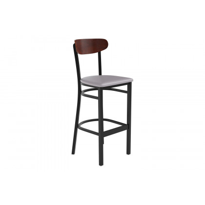BLNK Wright Commercial Bar Stool Black Steel Frame with Walnut Finish Wooden Boomerang Back and Vinyl Seat - Gray