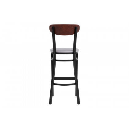 BLNK Wright Commercial Bar Stool Black Steel Frame with Walnut Finish Wooden Boomerang Back and Vinyl Seat - Gray