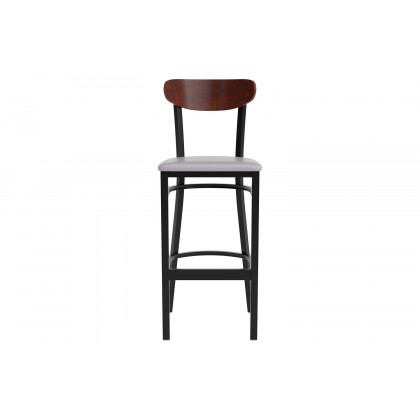 BLNK Wright Commercial Bar Stool Black Steel Frame with Walnut Finish Wooden Boomerang Back and Vinyl Seat - Gray