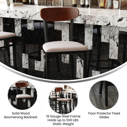 BLNK Wright Commercial Bar Stool Black Steel Frame with Walnut Finish Wooden Boomerang Back and Vinyl Seat - Gray
