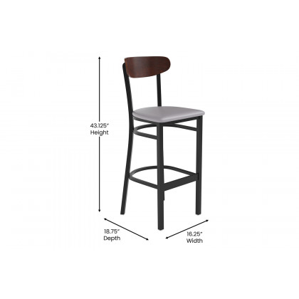 BLNK Wright Commercial Bar Stool Black Steel Frame with Walnut Finish Wooden Boomerang Back and Vinyl Seat - Gray