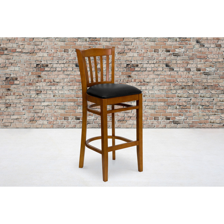 BLNK HERCULES Series Cherry Wood Vertical Slat Back Restaurant Bar Stool with Vinyl Seat - Black