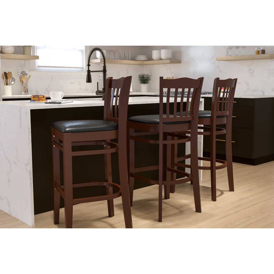 BLNK - HERCULES Series Mahogany Wood Vertical Slat Back Restaurant Bar Stool with Vinyl Seat