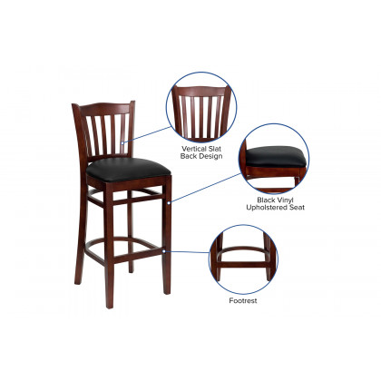 BLNK HERCULES Series Mahogany Wood Vertical Slat Back Restaurant Bar Stool with Vinyl Seat - Black