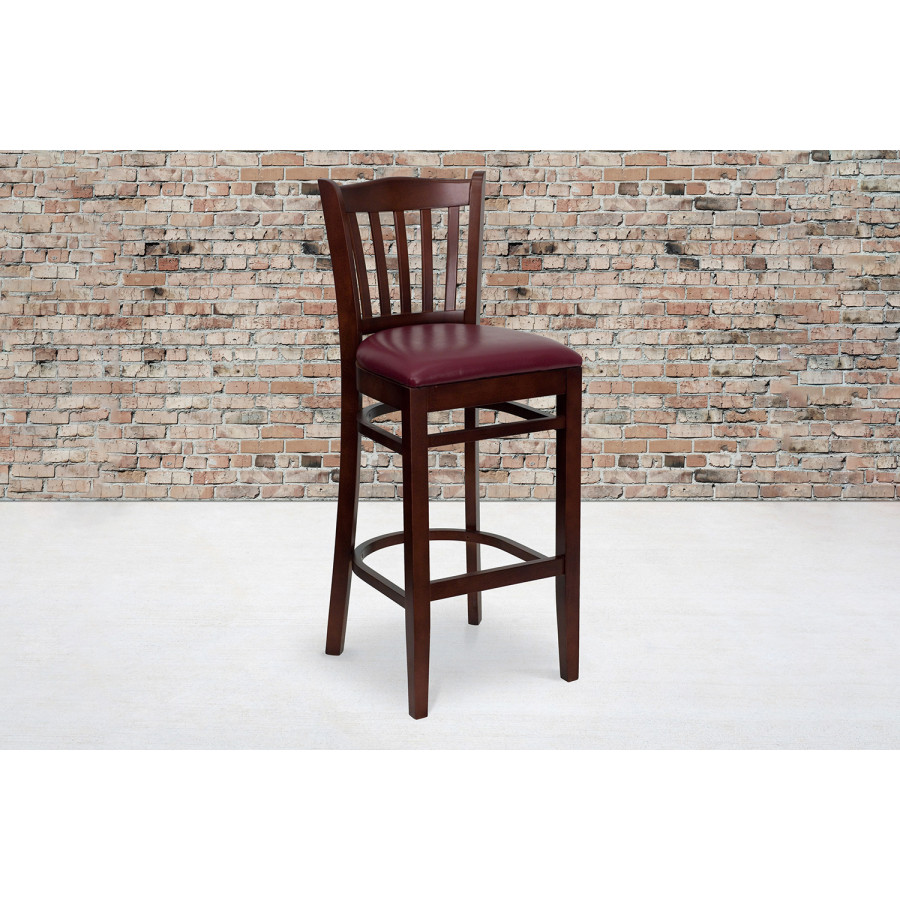 BLNK HERCULES Series Mahogany Wood Vertical Slat Back Restaurant Bar Stool with Vinyl Seat - Burgundy