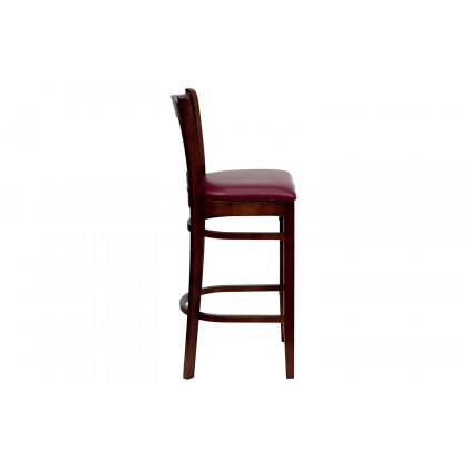 BLNK HERCULES Series Mahogany Wood Vertical Slat Back Restaurant Bar Stool with Vinyl Seat - Burgundy