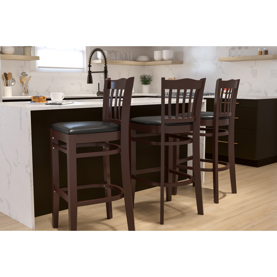 BLNK HERCULES Series Walnut Wood Vertical Slat Back Restaurant Bar Stool with Vinyl Seat - Black