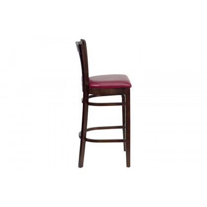 BLNK HERCULES Series Walnut Wood Vertical Slat Back Restaurant Bar Stool with Vinyl Seat - Burgundy