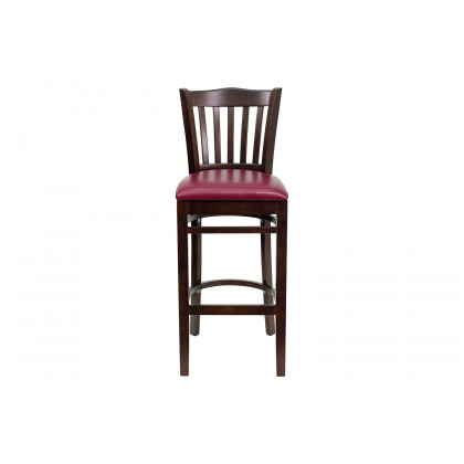 BLNK HERCULES Series Walnut Wood Vertical Slat Back Restaurant Bar Stool with Vinyl Seat - Burgundy