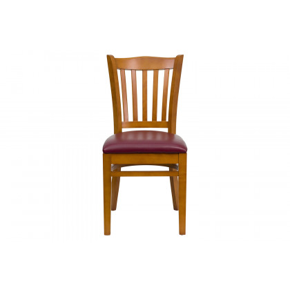 BLNK HERCULES Series Cherry Wood Vertical Slat Back Restaurant Chair with Vinyl Seat - Burgundy