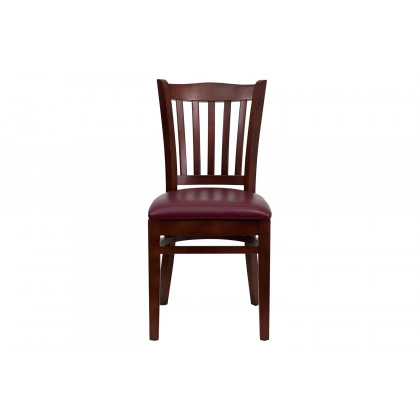 BLNK HERCULES Series Mahogany Wood Vertical Slat Back Restaurant Chair with Vinyl Seat - Burgundy
