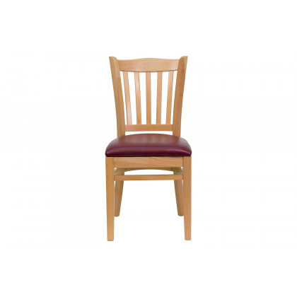 BLNK HERCULES Series Natural Wood Vertical Slat Back Restaurant Chair with Vinyl Seat - Burgundy