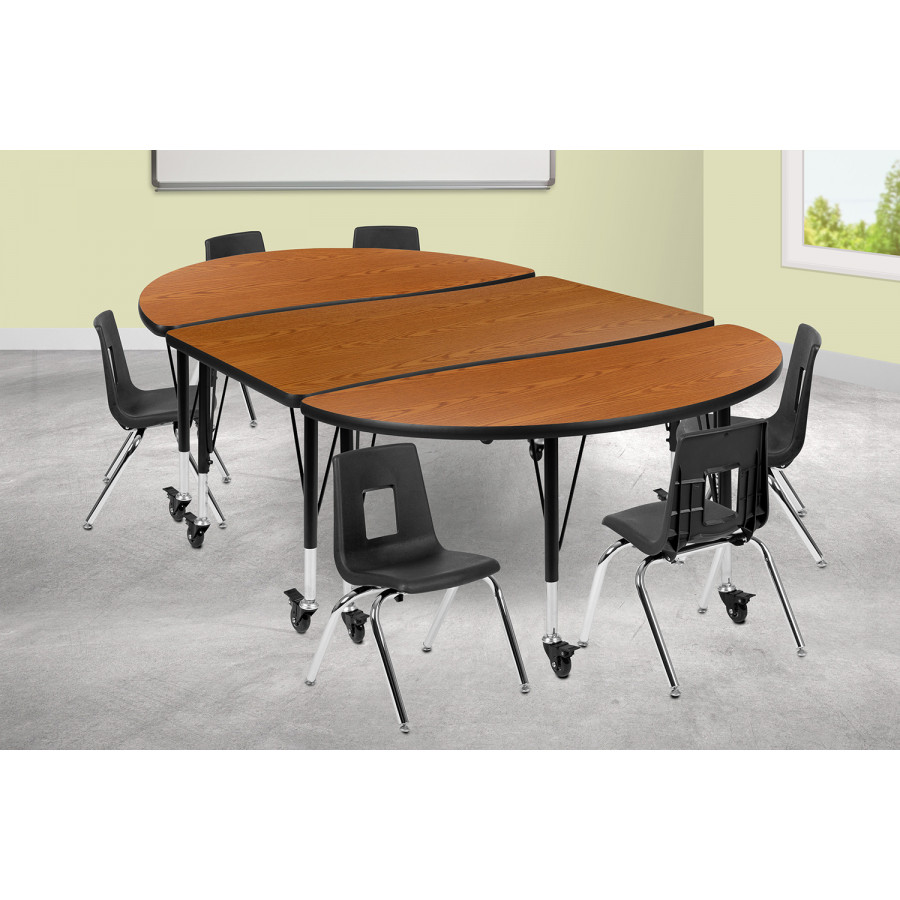 BLNK Emmy Mobile Oval Thermal Laminate Wave Flexible Activity Table Set - Oak, 76"L, with 12" Student Stack Chairs