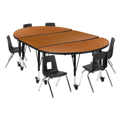 BLNK Emmy Mobile Oval Thermal Laminate Wave Flexible Activity Table Set - Oak, 76"L, with 12" Student Stack Chairs