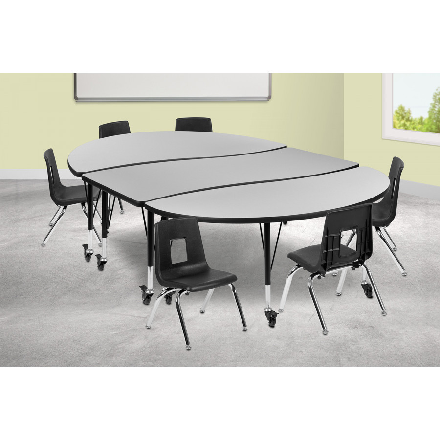 BLNK Emmy Mobile Oval Thermal Laminate Wave Flexible Activity Table Set - Gray, 86"L, with 12" Student Stack Chairs