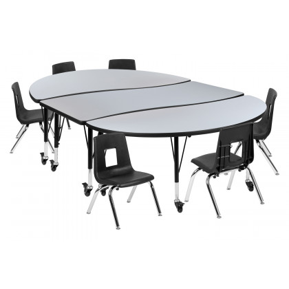 BLNK Emmy Mobile Oval Thermal Laminate Wave Flexible Activity Table Set - Gray, 86"L, with 12" Student Stack Chairs