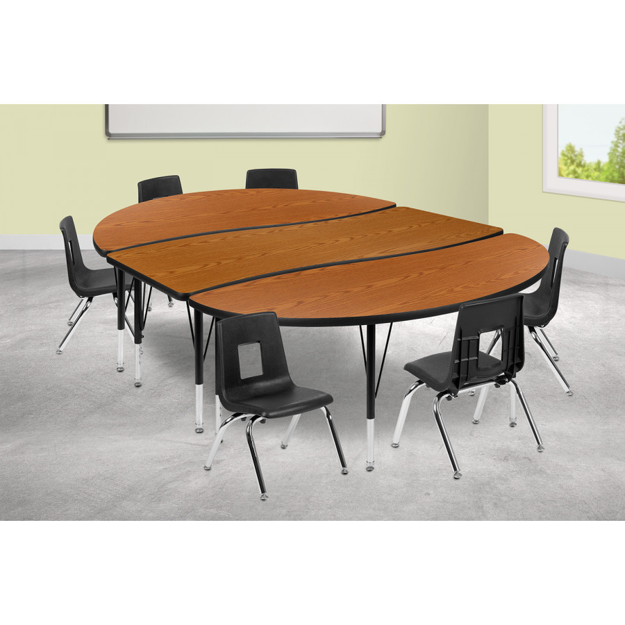 BLNK Emmy Oval Thermal Laminate Wave Flexible Activity Table Set with Chairs - Oak, 86"L, with 12" Student Stack Chairs