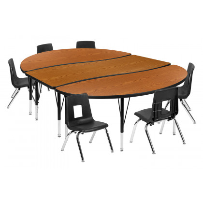 BLNK Emmy Oval Thermal Laminate Wave Flexible Activity Table Set with Chairs - Oak, 86"L, with 12" Student Stack Chairs