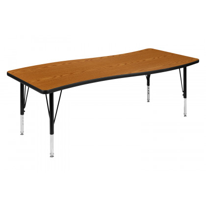 BLNK Emmy Oval Thermal Laminate Wave Flexible Activity Table Set with Chairs - Oak, 86"L, with 12" Student Stack Chairs