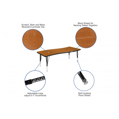 BLNK Emmy Oval Thermal Laminate Wave Flexible Activity Table Set with Chairs - Oak, 86"L, with 12" Student Stack Chairs
