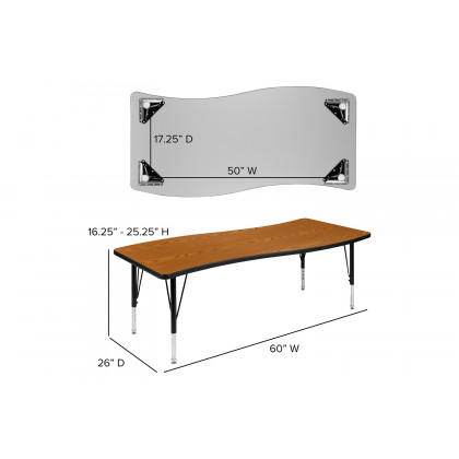 BLNK Emmy Oval Thermal Laminate Wave Flexible Activity Table Set with Chairs - Oak, 86"L, with 12" Student Stack Chairs