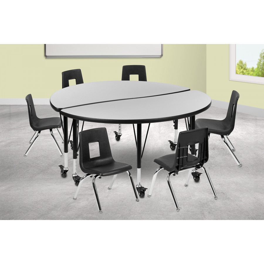 BLNK Emmy Mobile Circle Thermal Laminate Wave Flexible Activity Table Set - Gray, 47.5"D, with 12" Student Stack Chairs